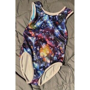 Girls Gymnastics Leotard Shiny Galaxy Print Size 6A (5-6yrs) Activewear EUC